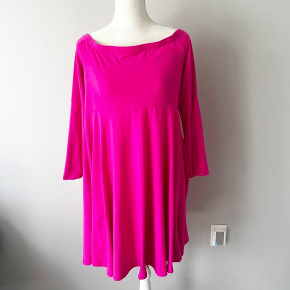 Torrid | Bright Pink Jersey Off Shoulder Bell Sleeves Skater Dress Sz. 0 - Picture 3 of 6